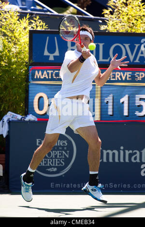 LOS ANGELES, CA - JULY 27: Leonardo Mayer in action during Day 5 of the Farmers Classic presented by Mercedes-Benz at the LA Tennis Center on July 27, 2012 in Los Angeles, California. Stock Photo