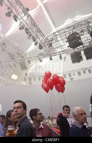 July 27, 2012 - London, UK - Czech Olympic House, officialy opened by a Czech president Vaclav Klaus, takes over the Business Design Centre in Islington during the Games with 20 panoramic screens and a busy program to support Czech athletes. The center piece of the country's display is David Cerny's ''London booster', a full-size red London bus with robotic arms that performs push-ups, London, UK (Credit Image: © Veronika Lukasova/ZUMAPRESS.com) Stock Photo