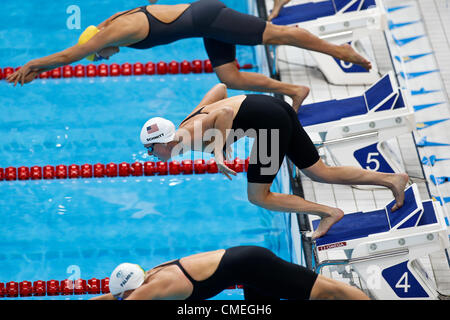 30 July 2012. Allison Schmitt (USA) starting the women's 200 meter freestyle heat at the 2012 Olympic Summer Games, London, England. Credit:  PCN Photography / Alamy Live News Stock Photo