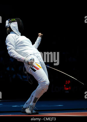 30.07.2012. London England. Germany's Britta Heidemann reacts during her competition with Tunesia's Besbes at the Women's Individual Epee event in ExCeL at the London 2012 Olympic Games, London, Great Britain, 30. July 2012. Stock Photo