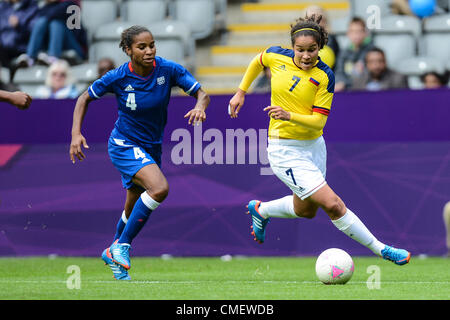 28.07.2012 Newcastle, England. France's Laura Georges and Orianica Velasquez of Columbia in action during the Olympic Football Women's Preliminary game between France and Columbia from St James Park. Stock Photo