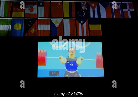 July 31, 2012 - London, England, United Kingdom - Athletes compete in the 69 kg weightlifting competition on the fifth day of the 2012 London Summer Olympics at the Excel Centre. (Credit Image: © Mark Makela/ZUMAPRESS.com) Stock Photo