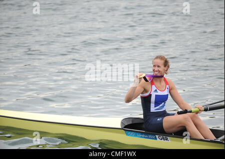 1st Aug 2012. Windsor, England. Great Britains Helen Glover along with Heather Stanning (GBR) win gold in the Women's pair Final on Day 5 of the London 2012 Olympic Games at Eton Dorney. Credit:  Action Plus Sports Images / Alamy Live News Stock Photo