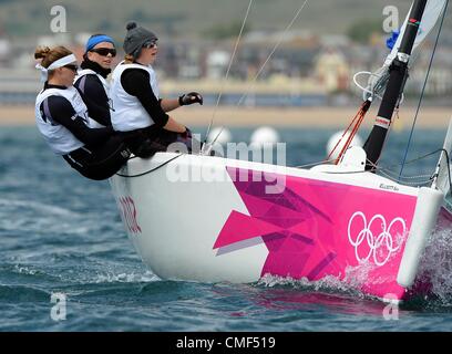 1st Aug 2012. London 2012 Olympics: Sailing, action during the London 2012 Olympic Games at the Weymouth & Portland Venue, Dorset, Britain, UK.  Stephanie Hazard, Jenna Hansen and Susannah Pyatt from New Zealand in the Women's Elliot 6m Match Racing August 01st, 2012 PICTURE BY: DORSET MEDIA SERVICE Stock Photo