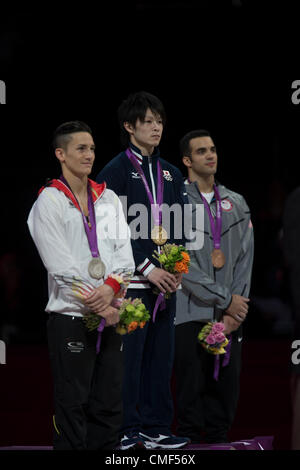 1st Aug 2012. Kohei Uchimura (JPN) gold medlist center with silver medalist Marcel Nguyen (GER) L and Danell Leyva (USA) in the Men's Individual All-Around at the 2012 Olympic Summer Games, London, England. Stock Photo