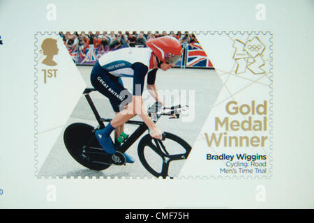 2nd August 2012, London UK.  Special edition commemorative stamps issued  by Royal Mail to celebrate Gold medal winner Bradley Wiggins in the Men's Cycling time trials. Credit:  amer ghazzal / Alamy Live News Stock Photo