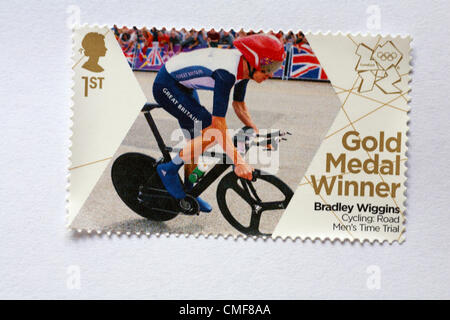 UK Thursday 2 August 2012. Stamp to honour gold medal winner Bradley Wiggins for the Cycling Road Men's Time Trial event. Stamp purchased and stuck on white to send to Olympic supporter. Stock Photo