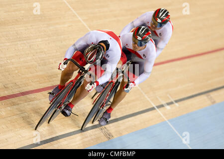 UK. 02.08.2012 Stratford, England. Japans Seiichiro Nakagawa (JPN) Japans Yudai Nitta (JPN) and Kazunari Watanabe (JPN) compete in the Mens Team Sprint Qualifying during the track cycling Competition on day 6 of the London 2012 Olympic Games at the Velodrome in the Olympic Park. Stock Photo