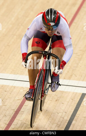 UK. 02.08.2012 Stratford, England. Japans Seiichiro Nakagawa (JPN) Japans Yudai Nitta (JPN) and Kazunari Watanabe (JPN) compete in the Mens Team Sprint Qualifying during the track cycling Competition on day 6 of the London 2012 Olympic Games at the Velodrome in the Olympic Park. Stock Photo