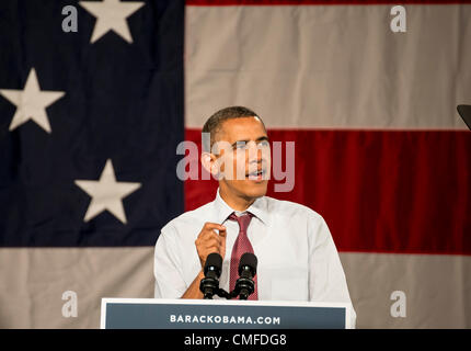 Winter Park, Florida, USA, Thursday Aug 2, 2012. U.S. President Barack Obama campaigns at Rollins College. Adjacent to Orlando, Rollins is located in the I-4 corridor, which played a big role during the 2008 elections for President Obama, and in 2004 swung in favor of President George W. Bush. Florida is seen as a swing state, with many undecided voters. Winter Park is part of the Orlando–Kissimmee Metropolitan Area. The President's scheduled visit Friday, July 20th, 2012, was canceled due to tragic events at the Aurora, Colorado movie theatre shooting, where 12 people died, 58 were injured. Stock Photo