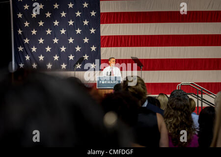 Winter Park, Florida, USA, Thursday Aug 2, 2012. U.S. President Barack Obama campaigns at Rollins College. Adjacent to Orlando, Rollins is located in the I-4 corridor, which played a big role during the 2008 elections for President Obama, and in 2004 swung in favor of President George W. Bush. Florida is seen as a swing state, with many undecided voters. Winter Park is part of the Orlando–Kissimmee Metropolitan Area. The President's scheduled visit Friday, July 20th, 2012, was canceled due to tragic events at the Aurora, Colorado movie theatre shooting, where 12 people died, 58 were injured. Stock Photo