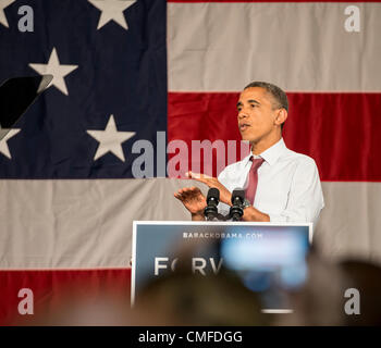 Winter Park, Florida, USA, Thursday Aug 2, 2012. U.S. President Barack Obama campaigns at Rollins College. Adjacent to Orlando, Rollins is located in the I-4 corridor, which played a big role during the 2008 elections for President Obama, and in 2004 swung in favor of President George W. Bush. Florida is seen as a swing state, with many undecided voters. Winter Park is part of the Orlando–Kissimmee Metropolitan Area. The President's scheduled visit Friday, July 20th, 2012, was canceled due to tragic events at the Aurora, Colorado movie theatre shooting, where 12 people died, 58 were injured. Stock Photo