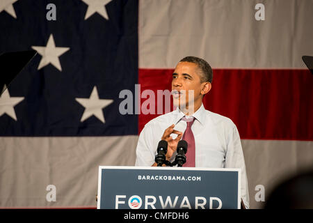 Winter Park, Florida, USA, Thursday Aug 2, 2012. U.S. President Barack Obama campaigns at Rollins College. Adjacent to Orlando, Rollins is located in the I-4 corridor, which played a big role during the 2008 elections for President Obama, and in 2004 swung in favor of President George W. Bush. Florida is seen as a swing state, with many undecided voters. Winter Park is part of the Orlando–Kissimmee Metropolitan Area. The President's scheduled visit Friday, July 20th, 2012, was canceled due to tragic events at the Aurora, Colorado movie theatre shooting, where 12 people died, 58 were injured. Stock Photo