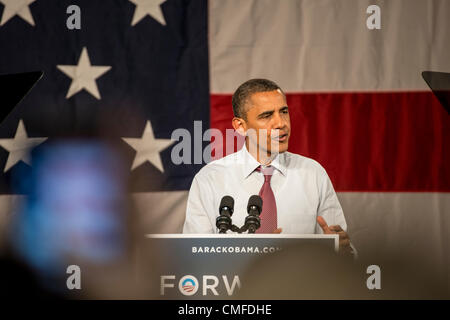 Winter Park, Florida, USA, Thursday Aug 2, 2012. U.S. President Barack Obama campaigns at Rollins College. Adjacent to Orlando, Rollins is located in the I-4 corridor, which played a big role during the 2008 elections for President Obama, and in 2004 swung in favor of President George W. Bush. Florida is seen as a swing state, with many undecided voters. Winter Park is part of the Orlando–Kissimmee Metropolitan Area. The President's scheduled visit Friday, July 20th, 2012, was canceled due to tragic events at the Aurora, Colorado movie theatre shooting, where 12 people died, 58 were injured. Stock Photo