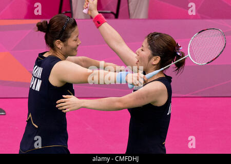 (L-R) Reika Kakiiwa, Mizuki Fujii (JPN),  AUGUST 2, 2012 - Badminton :  Women's Doubles semi-final at Wembley Arena  during the London 2012 Olympic Games in London, UK.    (Photo by Enrico Calderoni/AFLO SPORT) [0391] Stock Photo