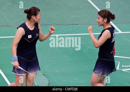 (L-R) Reika Kakiiwa, Mizuki Fujii (JPN),  AUGUST 2, 2012 - Badminton :  Women's Doubles semi-final at Wembley Arena  during the London 2012 Olympic Games in London, UK.    (Photo by Enrico Calderoni/AFLO SPORT) [0391] Stock Photo