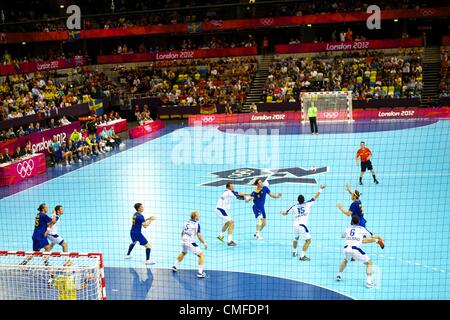 Aug. 2, 2012 - London, England, United Kingdom - Iceland and compete in handball at the Copper Box during the 2012 London Summer Olympiad. (Credit Image: © Mark Makela/ZUMAPRESS.com) Stock Photo