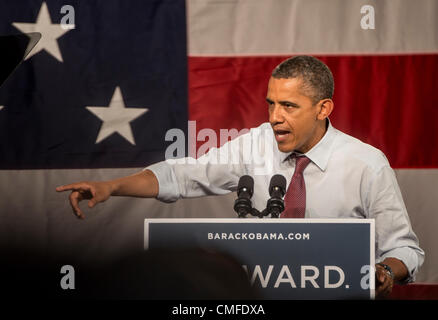 Winter Park, Florida, USA, Thursday Aug 2, 2012. U.S. President Barack Obama campaigns at Rollins College. Adjacent to Orlando, Rollins is located in the I-4 corridor, which played a big role during the 2008 elections for President Obama, and in 2004 swung in favor of President George W. Bush. Florida is seen as a swing state, with many undecided voters. Winter Park is part of the Orlando–Kissimmee Metropolitan Area. The President's scheduled visit Friday, July 20th, 2012, was canceled due to tragic events at the Aurora, Colorado movie theatre shooting, where 12 people died, 58 were injured. Stock Photo