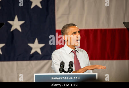 Winter Park, Florida, USA, Thursday Aug 2, 2012. U.S. President Barack Obama campaigns at Rollins College. Adjacent to Orlando, Rollins is located in the I-4 corridor, which played a big role during the 2008 elections for President Obama, and in 2004 swung in favor of President George W. Bush. Florida is seen as a swing state, with many undecided voters. Winter Park is part of the Orlando–Kissimmee Metropolitan Area. The President's scheduled visit Friday, July 20th, 2012, was canceled due to tragic events at the Aurora, Colorado movie theatre shooting, where 12 people died, 58 were injured. Stock Photo