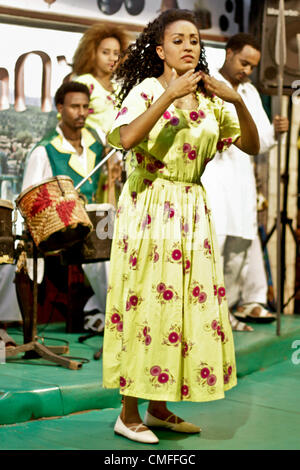 ADDIS ABABA, ETHIOPIA – August 2 - Habesha 2000 Traditional Dancers perform the traditional dances of different ethnic groups of Ethiopia at a local restaurant on August 2, 2012 in Addis Ababa, Ethiopia Stock Photo