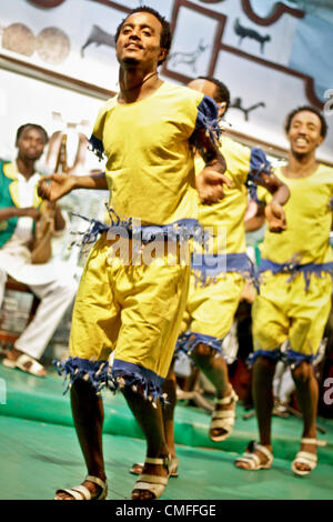 ADDIS ABABA, ETHIOPIA – August 2 - Habesha 2000 Traditional Dancers perform the traditional dances of different ethnic groups of Ethiopia at a local restaurant on August 2, 2012 in Addis Ababa, Ethiopia Stock Photo