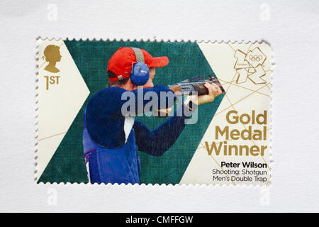 UK Friday 3 August 2012. Stamp to honour gold medal winner Peter Wilson in the Shooting Shotgun Men's Double Trap event. Stamp purchased and stuck on white to send to Olympic supporter. Stock Photo