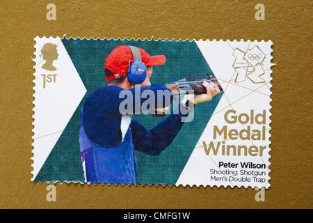 UK Friday 3 August 2012. Stamp to honour gold medal winner Peter Wilson in the Shooting Shotgun Men's Double Trap event. Stamp purchased and stuck on gold to send to Olympic supporter. Stock Photo