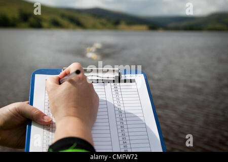 Yorkshire, UK. Semer Water is Yorkshire's largest natural lake near the beautiful North Yorkshire village of Hawes.  The Competitors Timing Sheet for the Sue Ryder Dip in the North Yorkshire Dales, one mile open water annual charity swim held on Saturday 4th August, 2012 Stock Photo