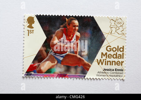 UK Sunday 5 August 2012. Stamp to honour gold medal winner Jessica Ennis in Athletics Combined Women's Heptathlon event. Stamp purchased and stuck on white to send to Olympic supporter. Stock Photo