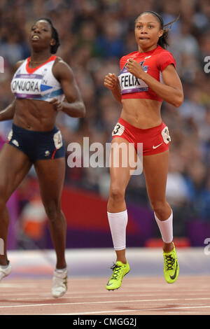 6th Aug 2012. LONDON, ENGLAND - AUGUST 6, Allyson Felix of the USA in the women's 200m heat during the evening session of athletics at the Olympic Stadium  on August 6, 2012 in London, England Photo by Roger Sedres / Gallo Images Stock Photo