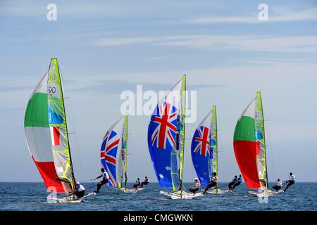 Olympic Sailing, action during the London 2012 Olympic Games at the Weymouth & Portland Venue, Dorset, Britain, UK.  49er Men's skiff medal race August 8th, 2012 Stock Photo