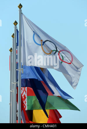 Olympic flag flying alongside flags of the competing nations, 2012 Olympic Games, UK Stock Photo