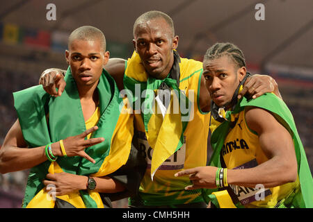 LONDON, ENGLAND - AUGUST 9, Warren Weir, Usain Bolt and Yohan Blake of Jamaica, medallists in the mens 200m during the evening session of athletics at the Olympic Stadium  on August 9, 2012 in London, England Photo by Roger Sedres / Gallo Images Stock Photo