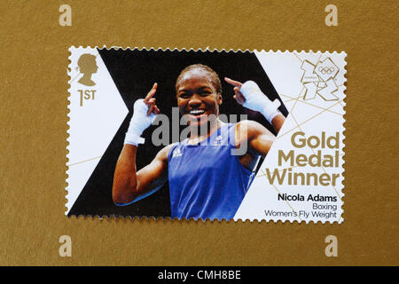 UK Friday 10 August 2012. Stamp to honour gold medal winner Nicola Adams in the Boxing Women's Fly Weight event. Stamp purchased and stuck on gold to send to Olympic supporter.  Credit:  Carolyn Jenkins / Alamy Live News Stock Photo