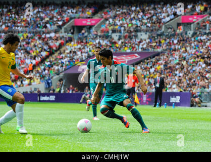 11.08.2012 London, England. Mexico's Javier Aquino (Midfield)   in action during the Olympic Men's Final  between Brazil  and Mexico from Wembley Stadium. Stock Photo
