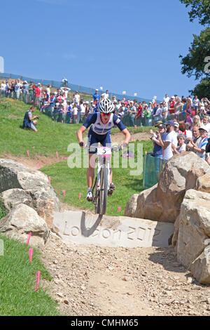 11th Aug 2012. Hadleigh Farm, Essex, England. Annie Last of Team GB rides in the Women's Cross-country Final of the Cycling Mountain Bike event at Hadleigh Farm at the London 2012 Olympic Games, London, Great Britain, UK, 11 August 2012. 11. 08. 2012 Stock Photo