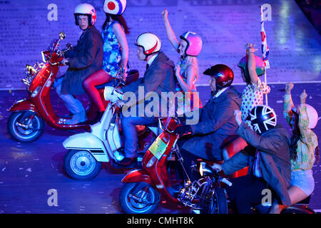 12th Aug 2012. 12.08.2012. London, England. Scooters are ridden during the Closing Ceremony at the end of Day 16 of the London 2012 Olympic Games at the Olympic Stadium. Stock Photo