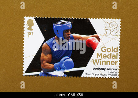 UK Monday 13 August 2012. Stamp to honour gold medal winner Anthony Joshua in the Boxing Men's Super Heavy Weight event. Stamp purchased and stuck on gold to send to Olympic supporter. Credit:  Carolyn Jenkins / Alamy Live News Stock Photo