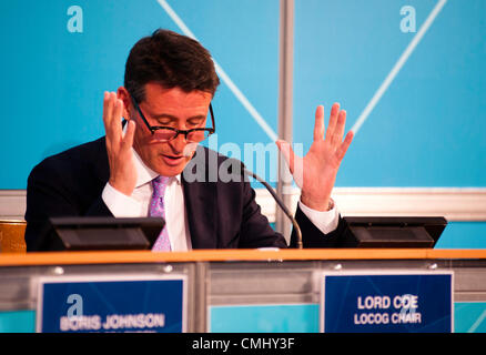 London, UK – 13 August 2012: LOCOG Chair, Sebastian Coe speaks during the final press conference of the Olympic Games to discuss the success of London 2012 with Mayor Boris Johnson. Credit:  pcruciatti / Alamy Live News Stock Photo
