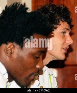 14th Aug 2012. CAPE TOWN, SOUTH AFRICA - AUGUST 14, (L-R) Lwazi Mvovo and Marcell Coetzee during the South African national rugby team press conference at Southern Sun, Cullinan Hotel on August 14, 2012 in Cape Town, South Africa Photo by Grant Pitcher / Gallo Images Stock Photo