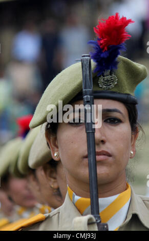 Aug. 15, 2012 - Srinagar, Kashmir, India - Indian police women stand to attention during celebrations marking India's Independence Day at Bakshi Stadium in Srinagar. A strike, sponsored by both hardline and moderate factions of the Kashmiri's main separatist alliance, cleared the streets of the summer capital Srinagar and shut all shops and businesses. (Credit Image: © Altaf Zargar/ZUMAPRESS.com) Stock Photo