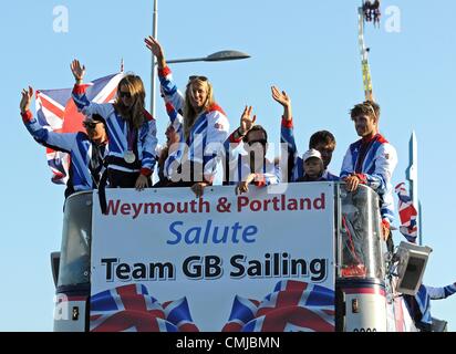 15th Aug 2012. Team GB Olympic sailors open top bus tour of Weymouth and Portland.  15th August, 2012 PICTURE BY: DORSET MEDIA SERVICE Stock Photo