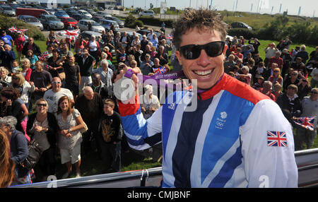 15th Aug 2012. Team GB Olympic sailors open top bus tour of Weymouth and Portland. Stuart Bithell.  PICTURE BY: DORSET MEDIA SERVICE Stock Photo