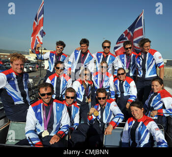 15th Aug 2012. Team GB Olympic sailors open top bus tour of Weymouth and Portland. PICTURE BY: DORSET MEDIA SERVICE Stock Photo