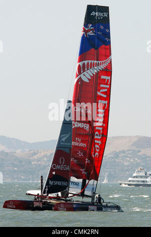 17.08.2012. San Francisco Bay, California.   New Zealand Challenger Emirates Team practices on San Francisco Bay in preparation for next week's competition in the America's Cup World Series. Stock Photo