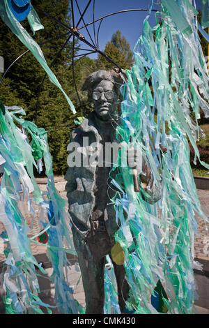 August 19, 2012 Medzilaborce, Slovakia, Europe - Statue of Andy Warhol in the front of The Andy Warhol Museum of Modern Art, opened in 1991, which contains many artworks and effects of Andy Warhol and of his brother Paul and nephew James Warhola. Warhol's mother, Julia Warhola, was born and lived with her husband in the village of Miková, 17 km to the west. Andy Warhol (August 6, 1928 – February 22, 1987) was an American artist who was a leading figure in the visual art movement known as pop art. John Warhola (May 31, 1925 – December 24, 2010) was his younger brother. Stock Photo