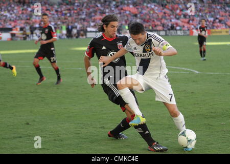 September 14, 2013, Washington D.C, DC United hosts LA Galaxy at RFK. DC United ties LA Galaxy 2-2. Galaxy's Robbie Keane takes the ball toward the goal and is challenged by DC United Defender Dejan Jakovic. Stock Photo