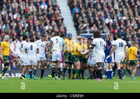 London, UK. 02nd Nov, 2013. The Australia front row look at referee George CLANCY after another scrum penalty goes against them during the International Rugby Union game between England and Australia from Twickenham Credit:  Action Plus Sports/Alamy Live News Stock Photo