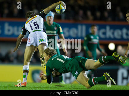 Leicester, UK. 2nd November 2013.  Nick EVANS (Harlequins) is tackled by Scott HAMILTON. Action from the Aviva Premiership match between Leicester Tigers and Harlequins played at Welford Road, Leicester on Saturday 2 November 2013. Credit: Graham Wilson / Pipeline Images/ Alamy Live News