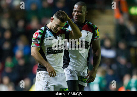 Leicester, UK. 2nd November 2013. Ugo MONYE (Harlequins) teases Danny CARE about his hair during a break in play. Action from the Aviva Premiership match between Leicester Tigers and Harlequins played at Welford Road, Leicester on Saturday 2 November 2013. Credit: Graham Wilson / Pipeline Images/ Alamy Live News